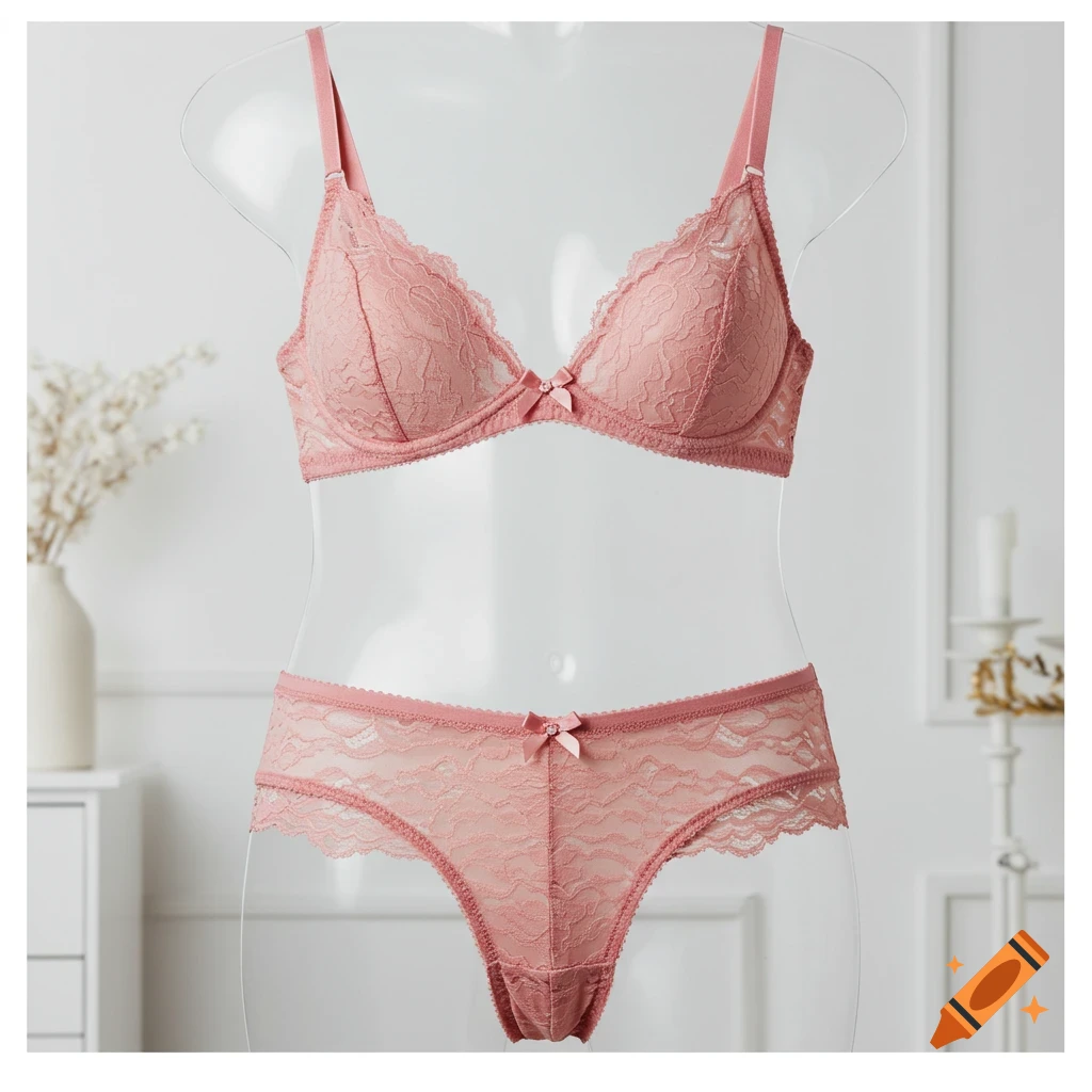 Pink lace bra and panties set displayed on a clear mannequin in a bright room.