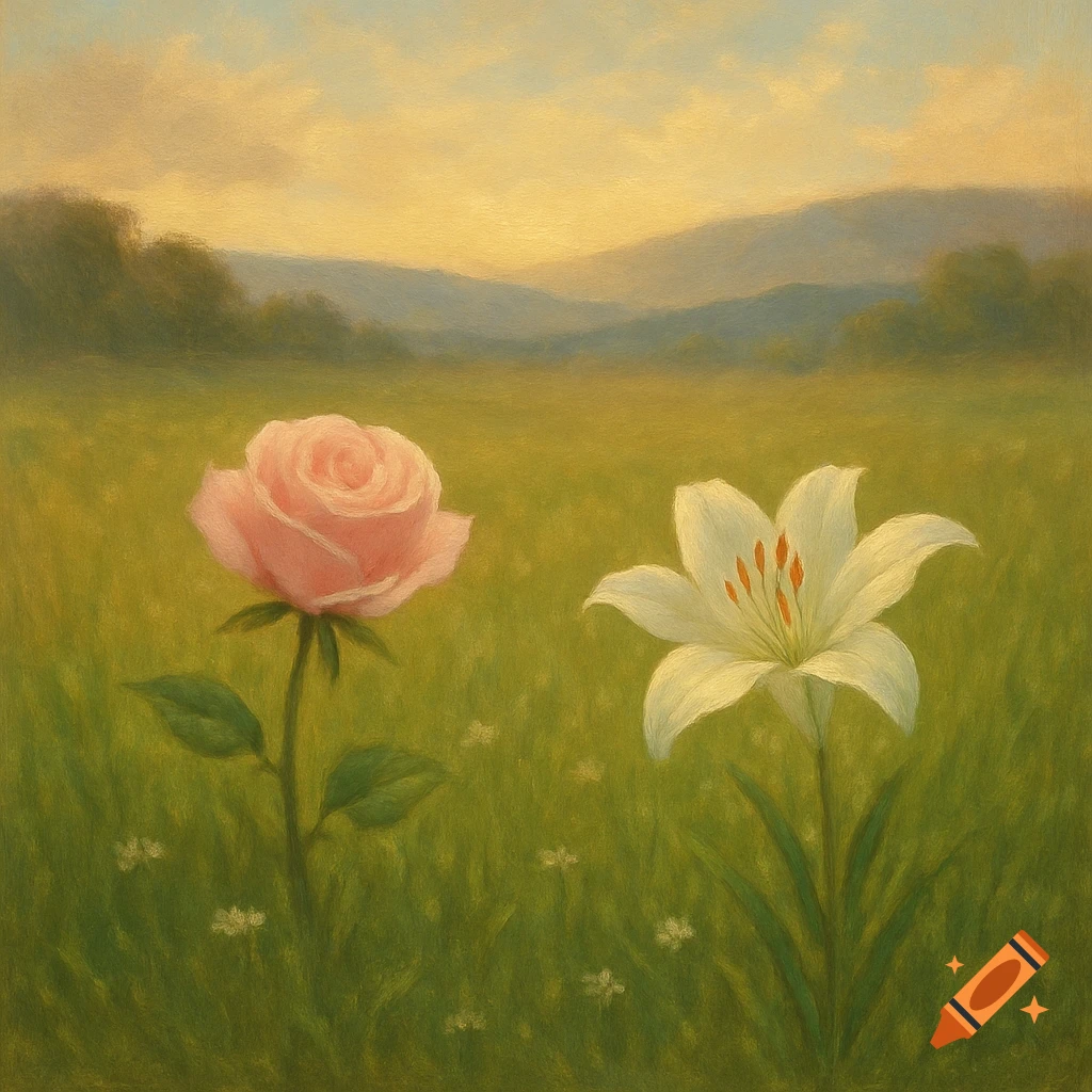 A pink rose and a white lily in a green field with hills under a yellow sky, painted.