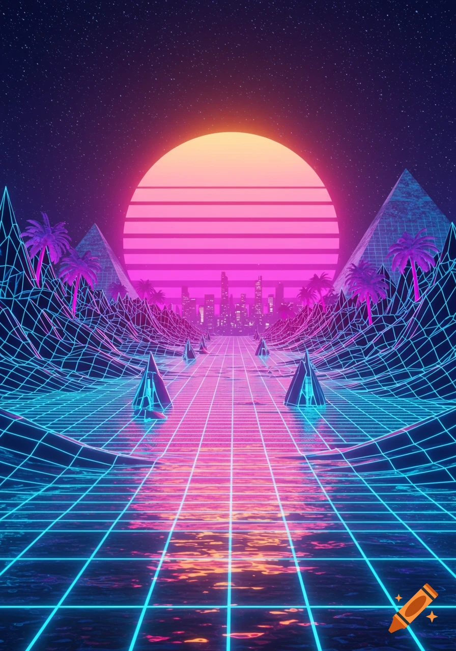 A vibrant vaporwave landscape with a glowing grid road, neon mountains, palm trees, and a cityscape under a large pink and orange striped sun.