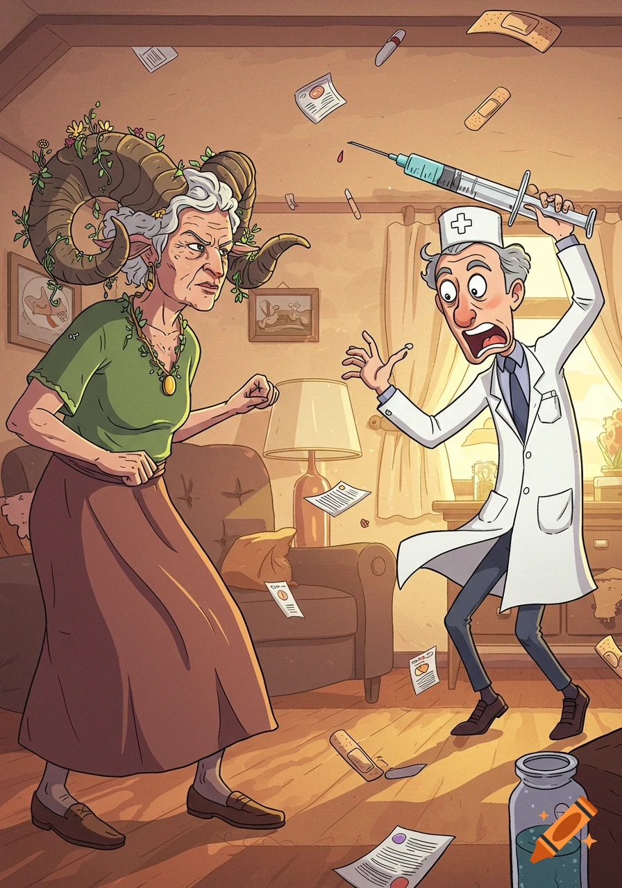 Cartoon of an angry old lady with ram horns confronting a terrified doctor holding a giant syringe in a chaotic room.