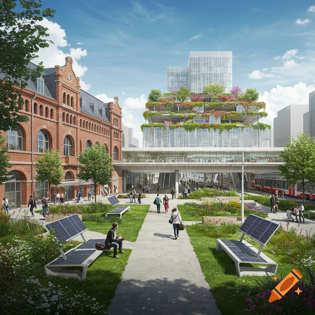 Modern city transit hub with an old brick building, a glass tower with rooftop gardens, green public spaces, and solar benches.