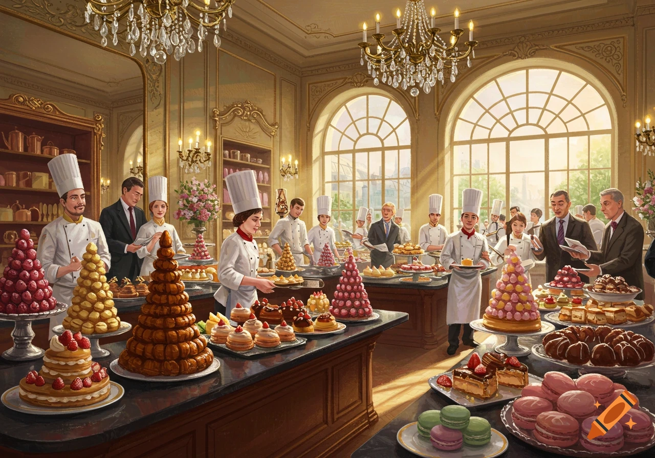 Pastry chefs and customers admiring elaborate desserts on display in a grand, elegant patisserie with chandeliers.