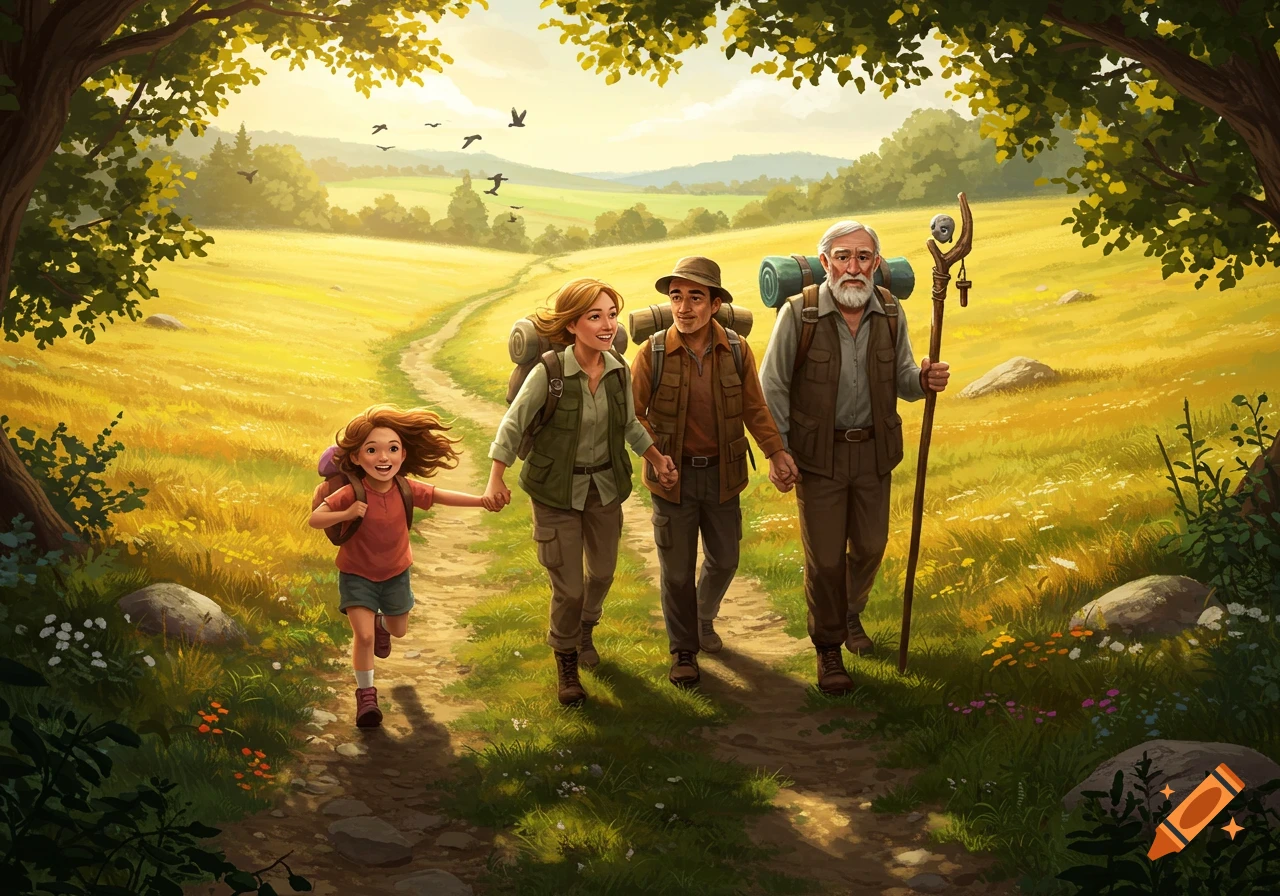 An illustration of three generations of a family hiking on a sunny path through a golden field, surrounded by trees.
