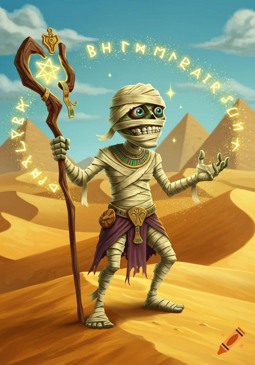 Silly mummy warlock with bandages and glowing staff in a desert with pyramids, cartoon style.