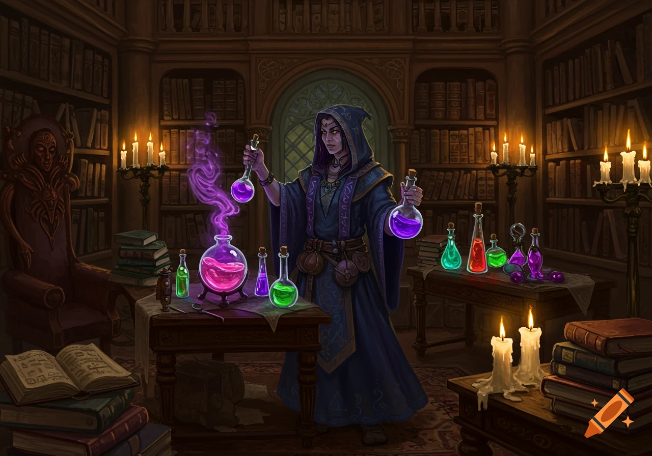 A witch in a dimly lit library prepares colorful potions, surrounded by books and glowing vials.
