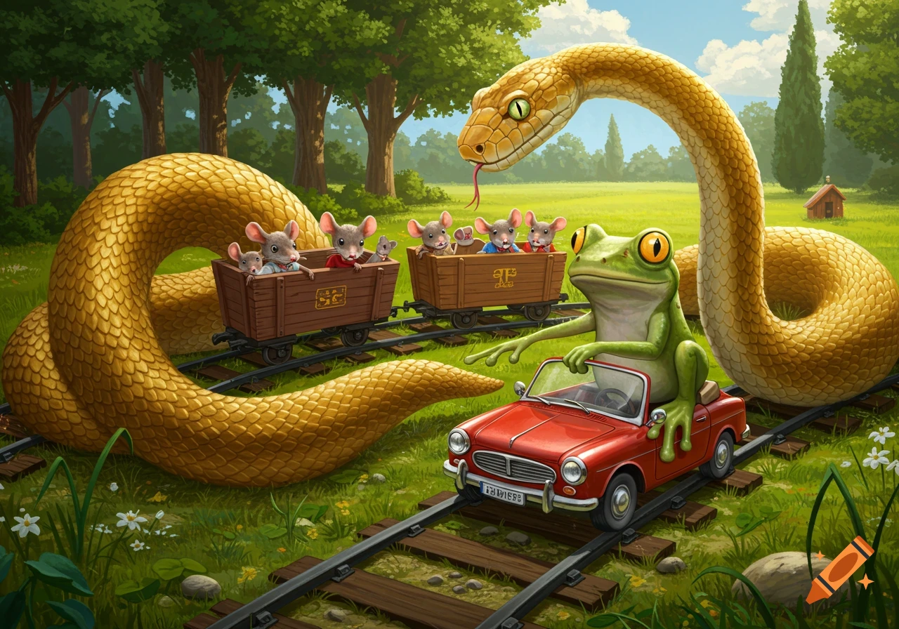 A whimsical scene with a green frog driving a red car on train tracks, facing a large golden snake next to a train carrying mice in a sunny field.