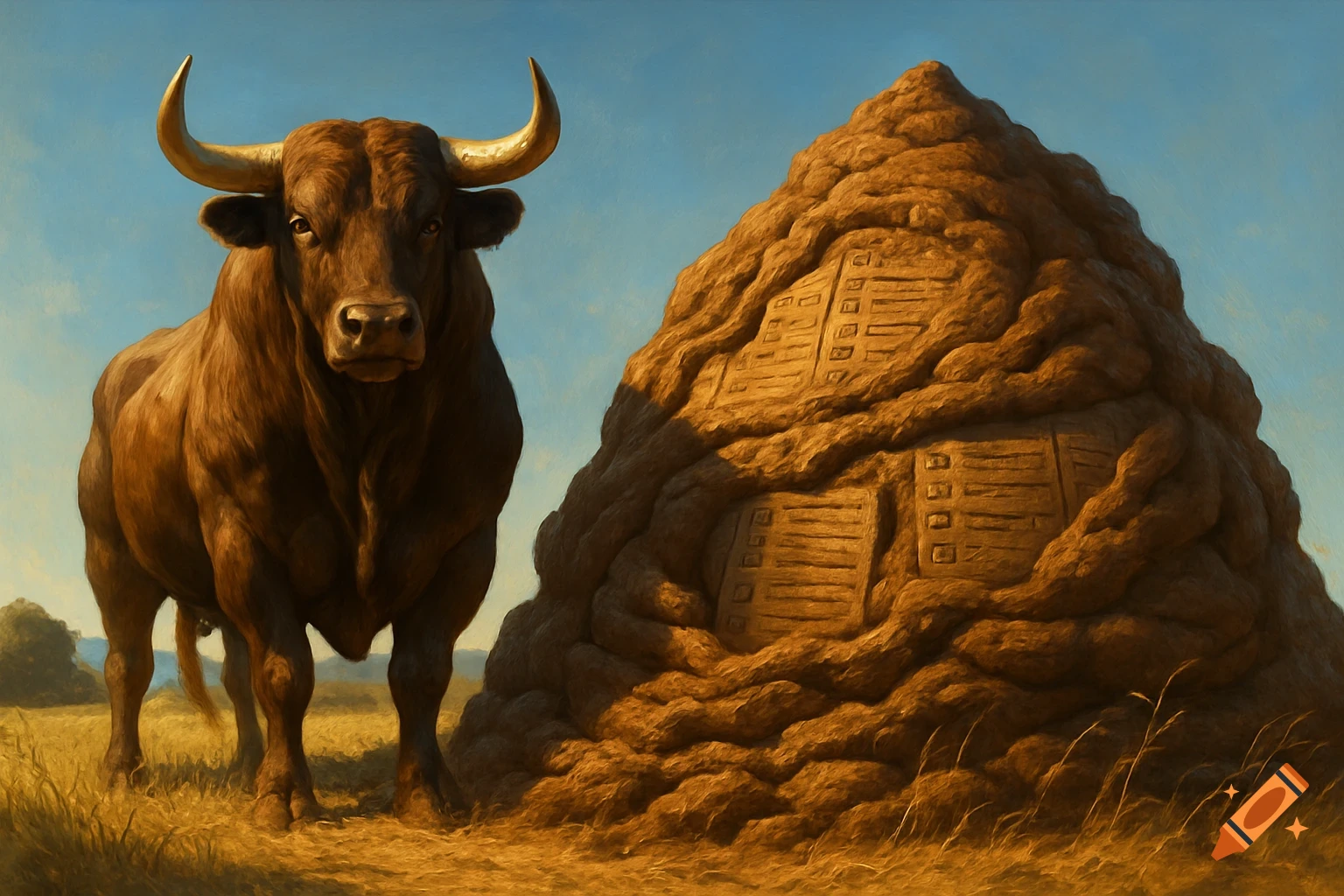 A majestic brown bull stands next to a giant, textured mound resembling a dirt pyramid with carved shapes of lists and diagrams, under a clear sky.