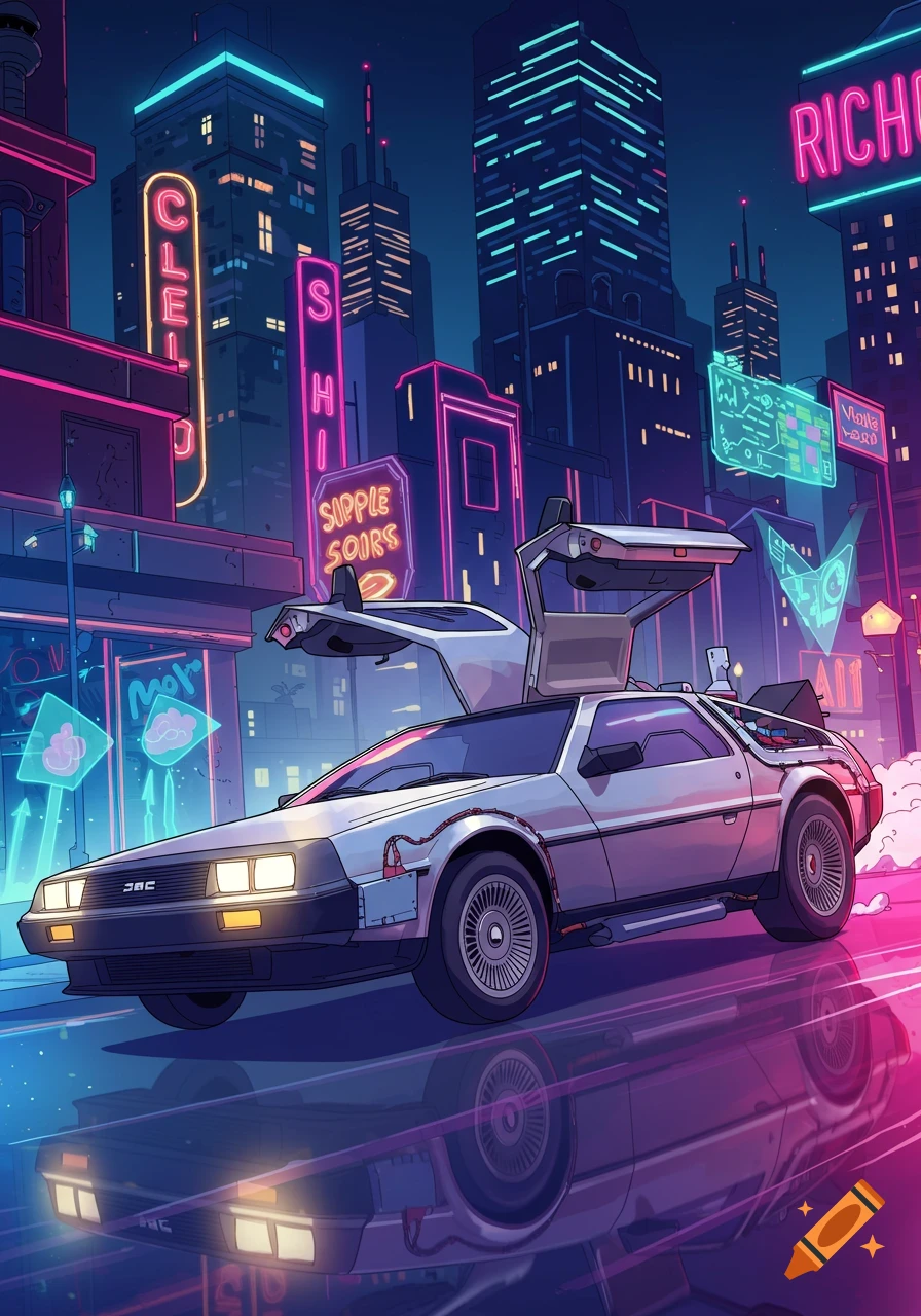 A stylized cartoon DeLorean with open gull-wing doors, sits on a reflective street in a neon-lit futuristic city at night.