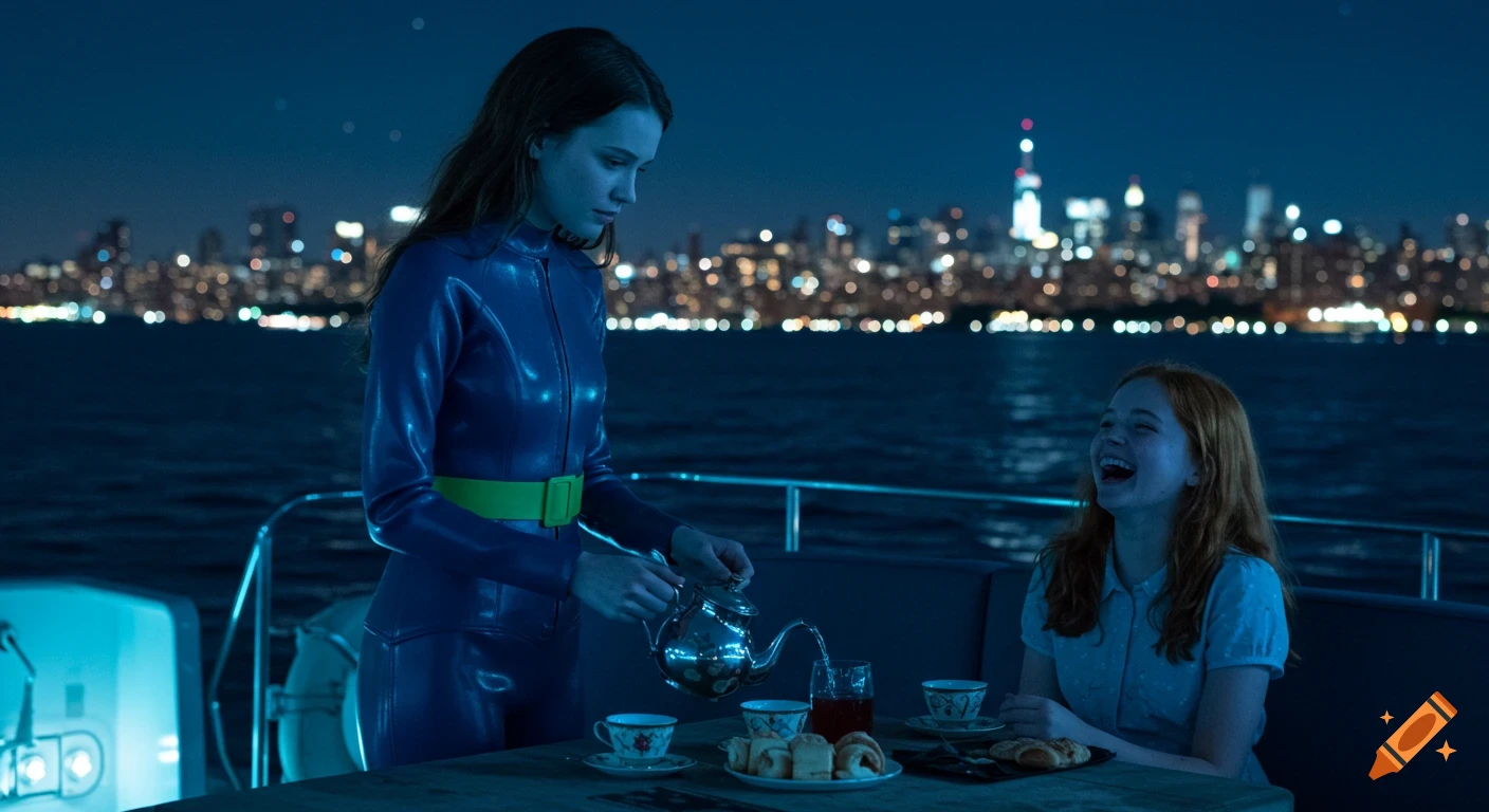 A woman in a blue wetsuit pours tea for a laughing red-haired woman on a yacht at night, with a city skyline in the background.