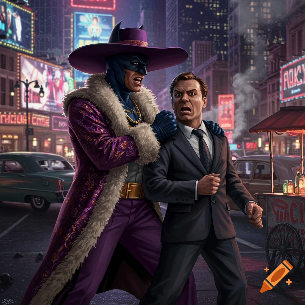 Batman in a purple pimp hat and fur coat shakes a frightened man in a suit on a neon-lit city street, illustration.