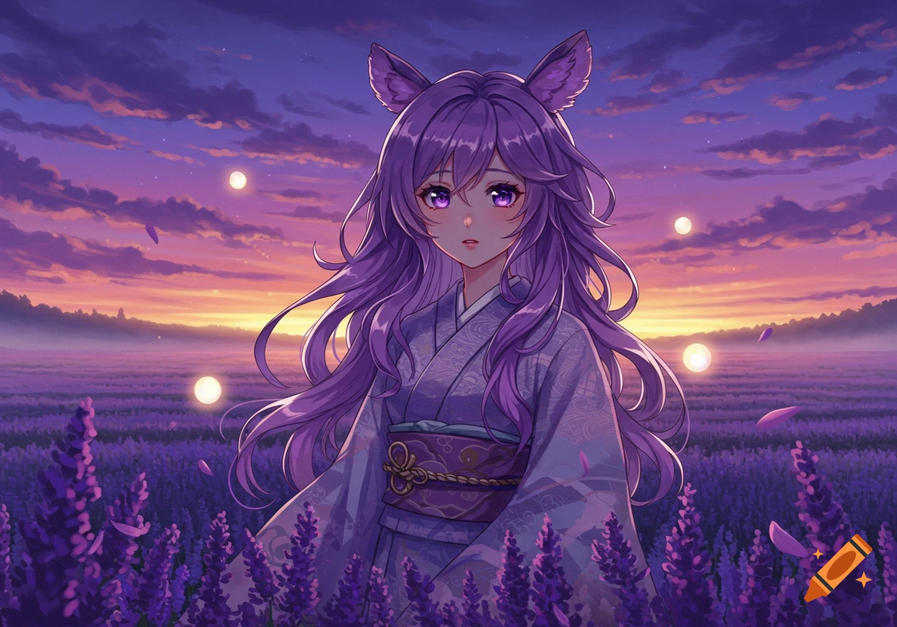 Anime girl with purple hair and cat ears in a kimono, standing in a lavender field under a twilight sky with glowing orbs.