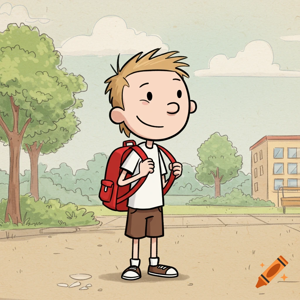 A smiling cartoon boy with a red backpack stands in a park, trees and a building in the background.