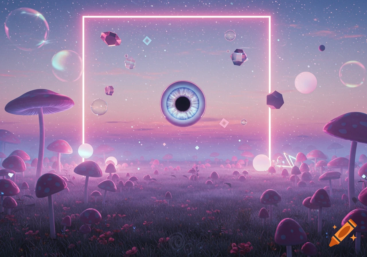A surreal, dreamlike landscape with glowing pink mushrooms, floating geometric shapes, and a central eye against a starry pink and purple sky.