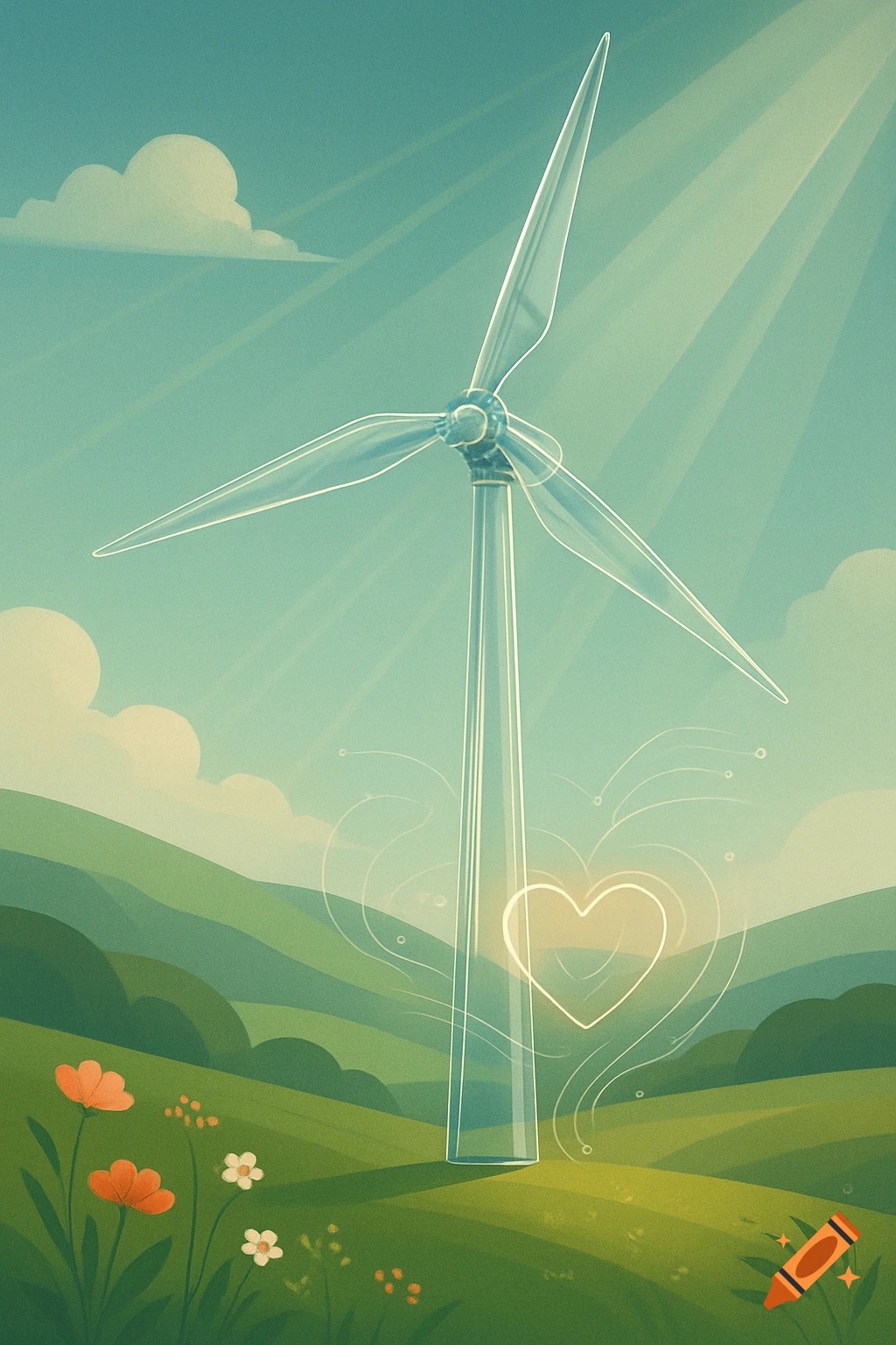 Stylized illustration of a wind turbine in a vibrant green landscape with flowers and a glowing heart.