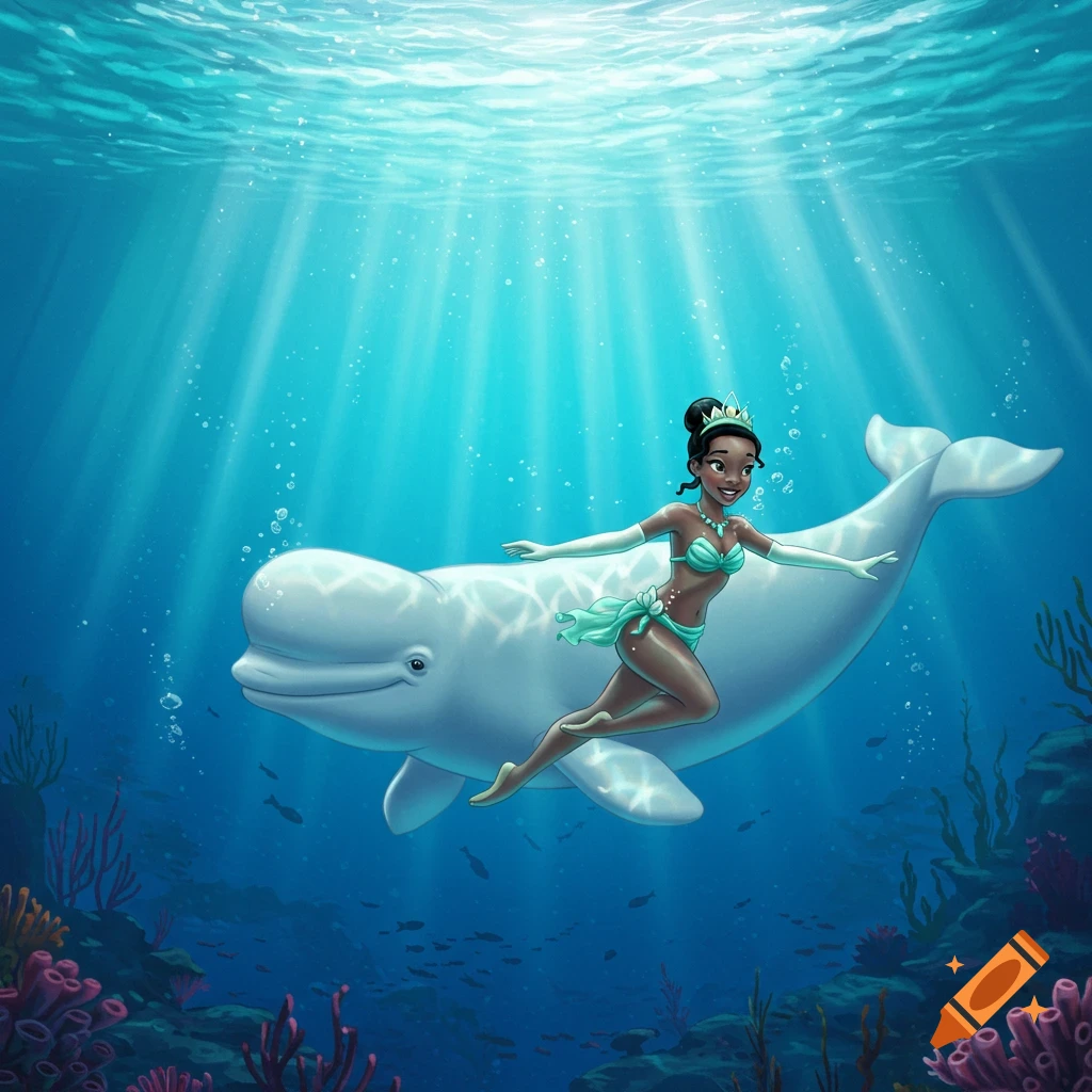 Princess Tiana in a bikini swims gracefully with a beluga whale in a vibrant underwater scene with coral and sunbeams.