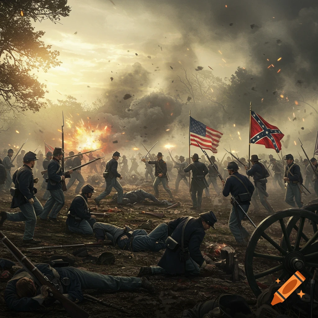 Union and Confederate soldiers clash in a dramatic Civil War battle on a smoky field at sunset, with flags prominent.