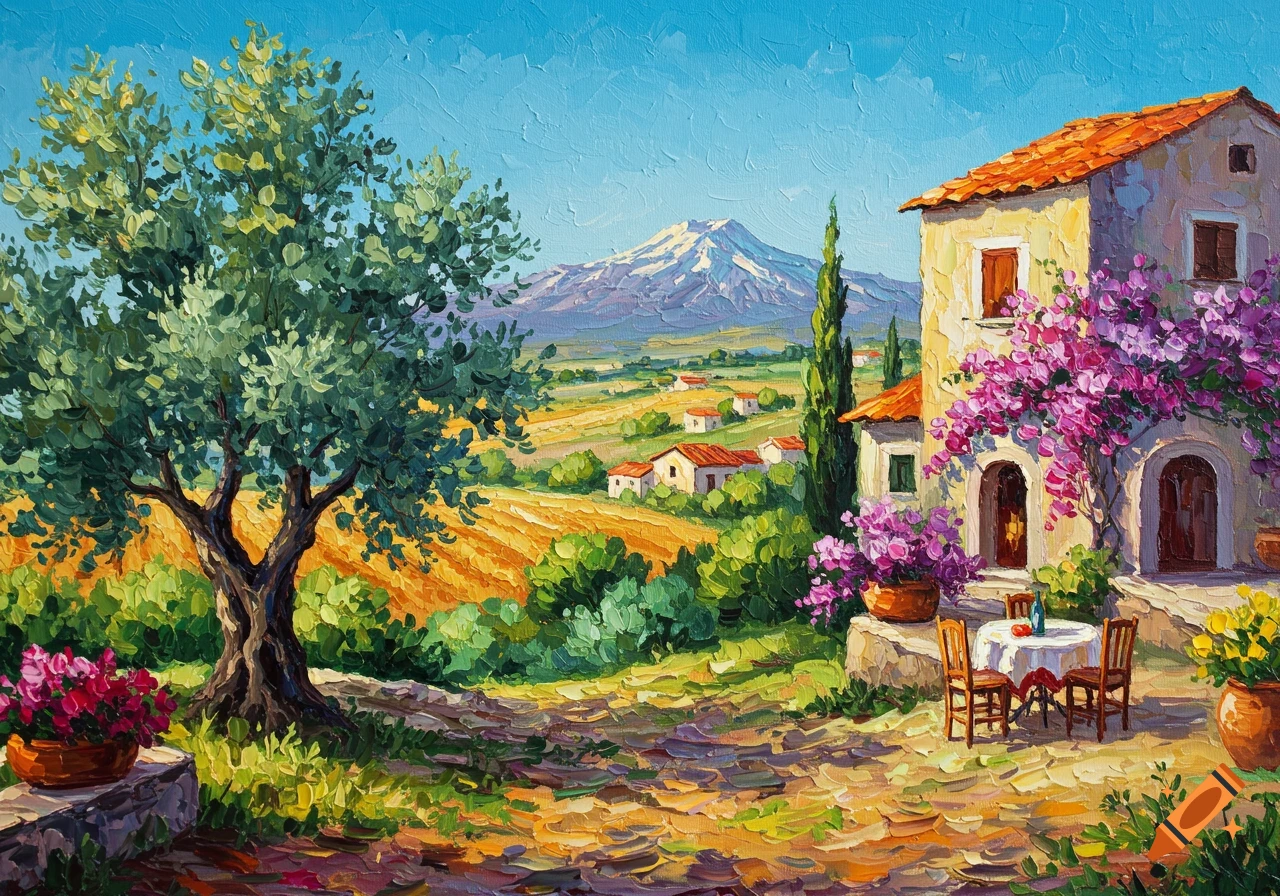 Vibrant impasto painting of a Tuscan-style rural house with bougainvillea, an olive tree, and fields, under a blue sky, with a snowy mountain in the background.