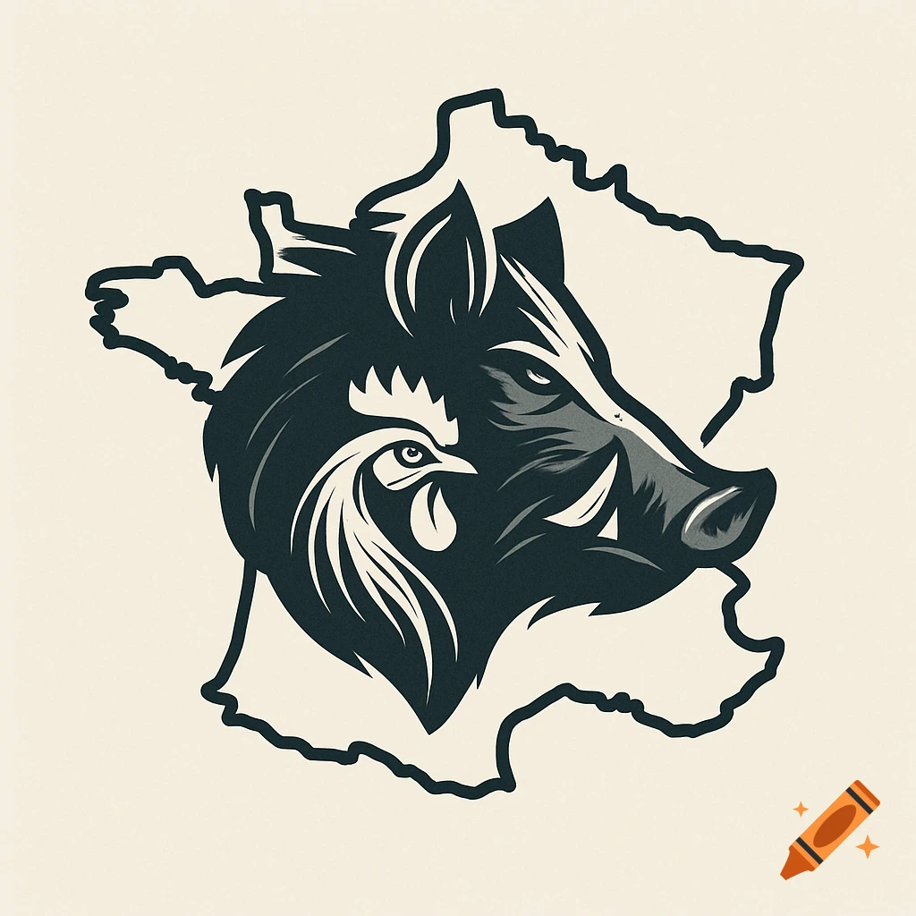 A stylized black and white logo featuring the outline of France, with a wild boar's head and a rooster's head intertwined within it.