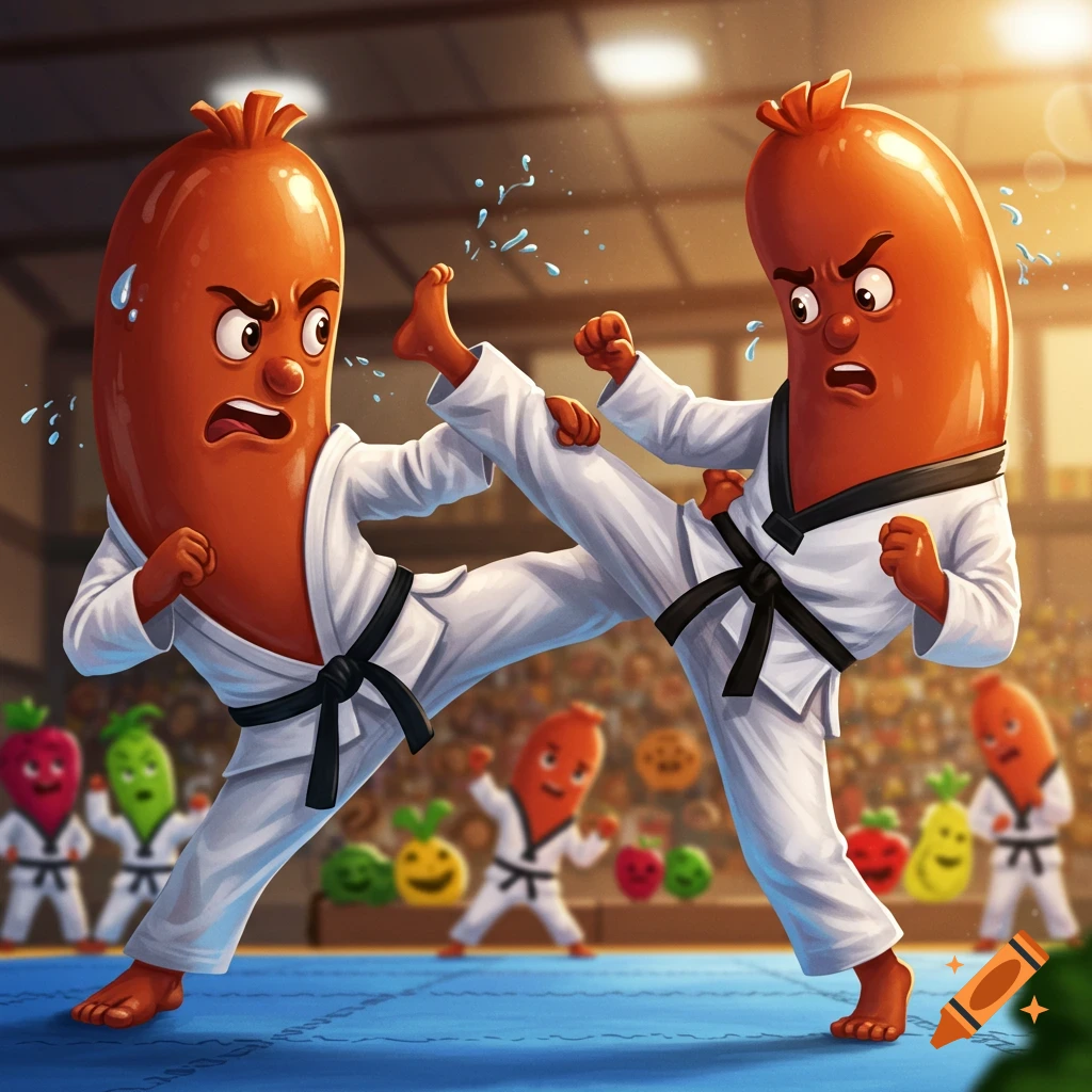 Two cartoon sausages in taekwondo uniforms sparring on a blue mat, with other anthropomorphic foods watching from the audience.