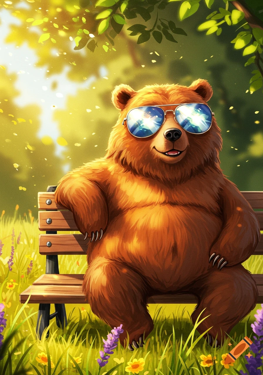 A cartoon bear wearing sunglasses sits on a wooden park bench in a sunlit field with green grass and purple flowers.