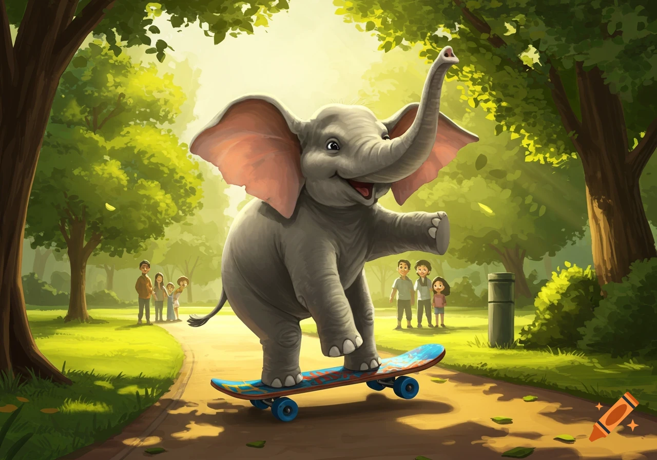A happy cartoon elephant rides a skateboard down a path in a sunny park with children in the background.