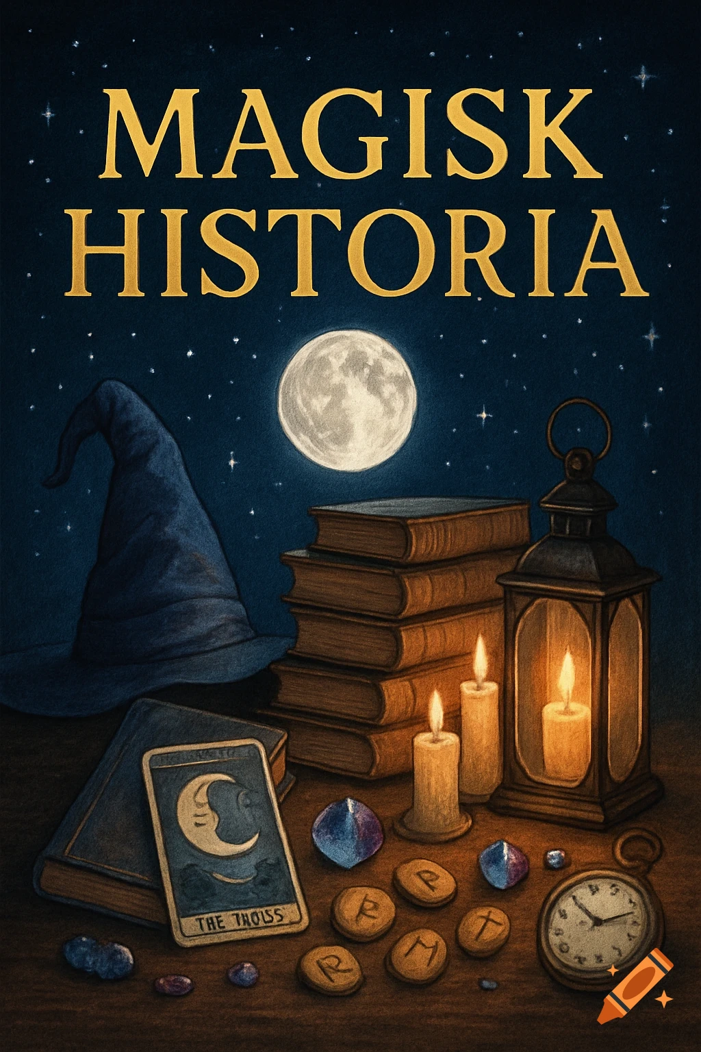 An illustration of a mystical scene under a starry full moon sky. A wizard hat, a stack of books, a lit lantern, burning candles, a tarot card, rune stones, crystals, and a pocket watch are on a wooden surface. The title 'MAGISK HISTORIA' is at the top.