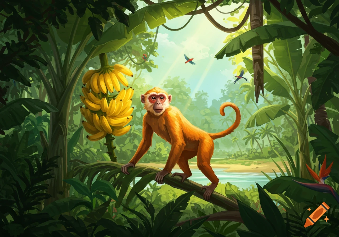 An orange monkey stands on a tree branch in a vibrant green jungle with a large bunch of bananas hanging nearby. Birds fly in the sunny sky.