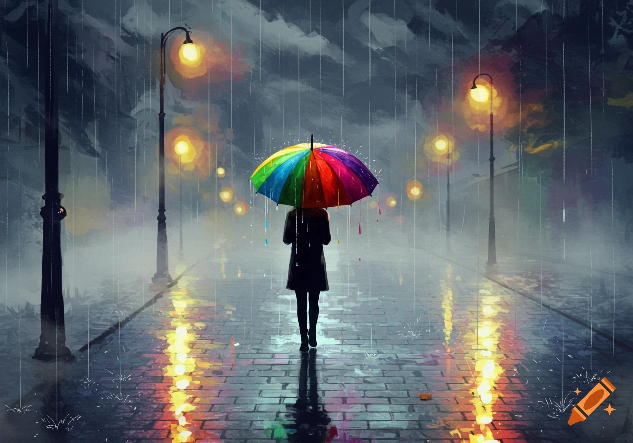 A lone person with a vibrant rainbow umbrella walks down a rainy, brick street at night, illuminated by glowing streetlights in a painterly style.