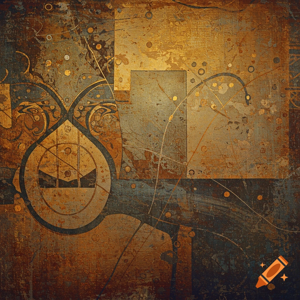 Abstract art with aged metallic texture, featuring geometric shapes and intricate patterns in gold, bronze, and teal tones.