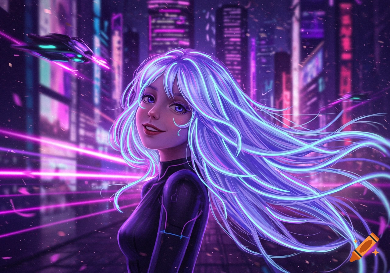 Smiling anime girl with long neon lavender hair and purple eyes in a vibrant cyberpunk city at night with flying vehicles.