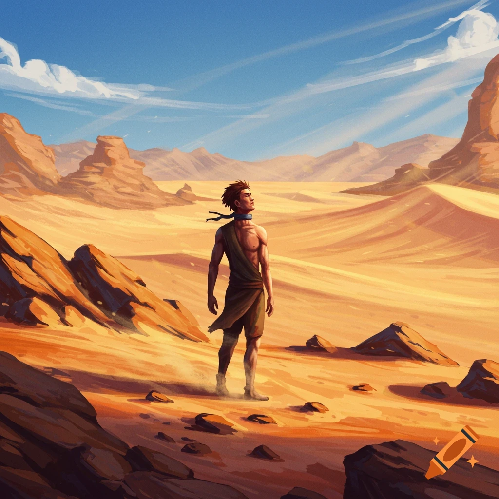 An illustrated lone man in tattered clothes stands in a vast, sunlit desert with rocky formations, looking up at a blue sky.