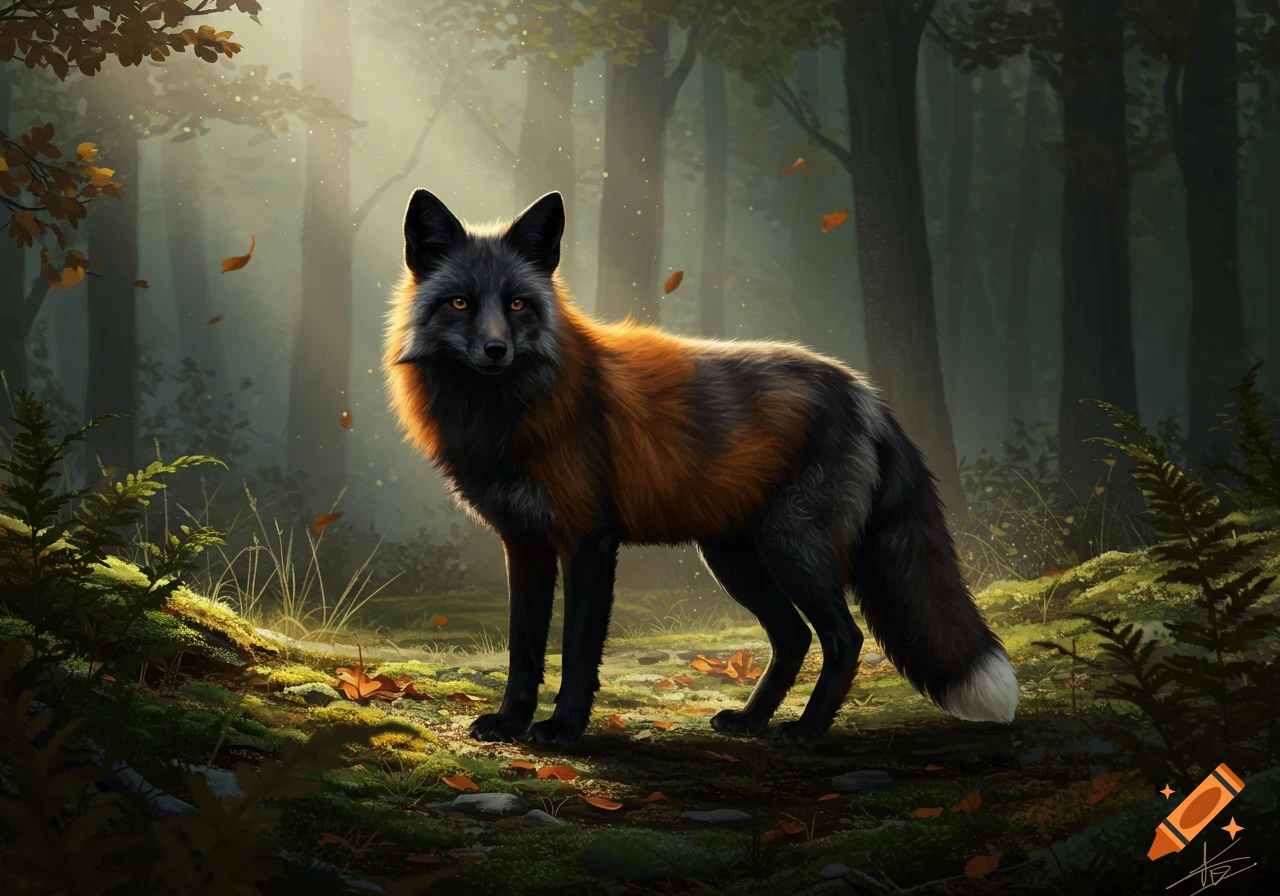 A stunning digital painting of a black and reddish-brown fox standing on mossy ground in a sunlit forest.