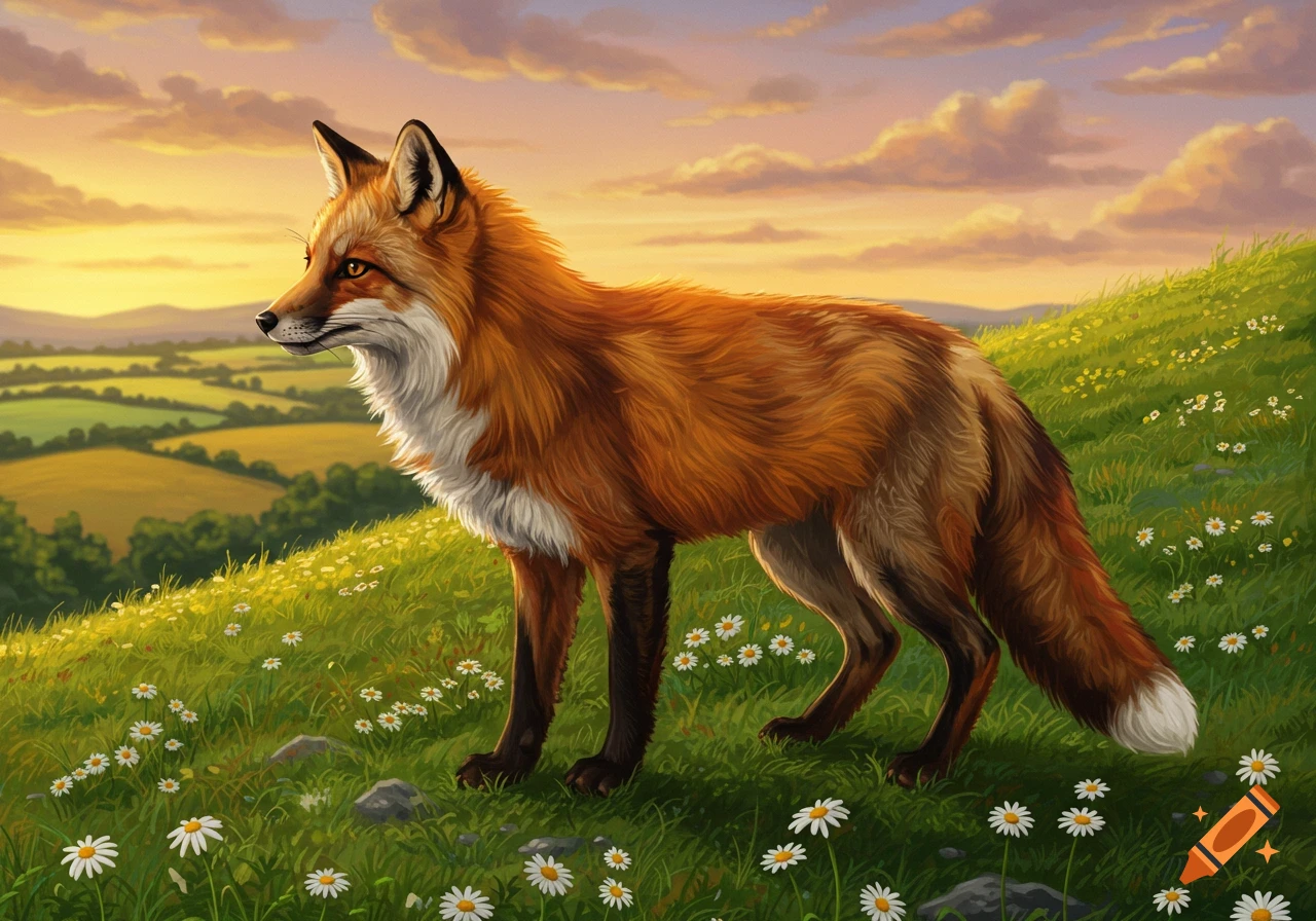 A majestic red fox stands on a daisy-speckled green hill, looking left at a scenic landscape under a golden sunset sky. Digital art style.