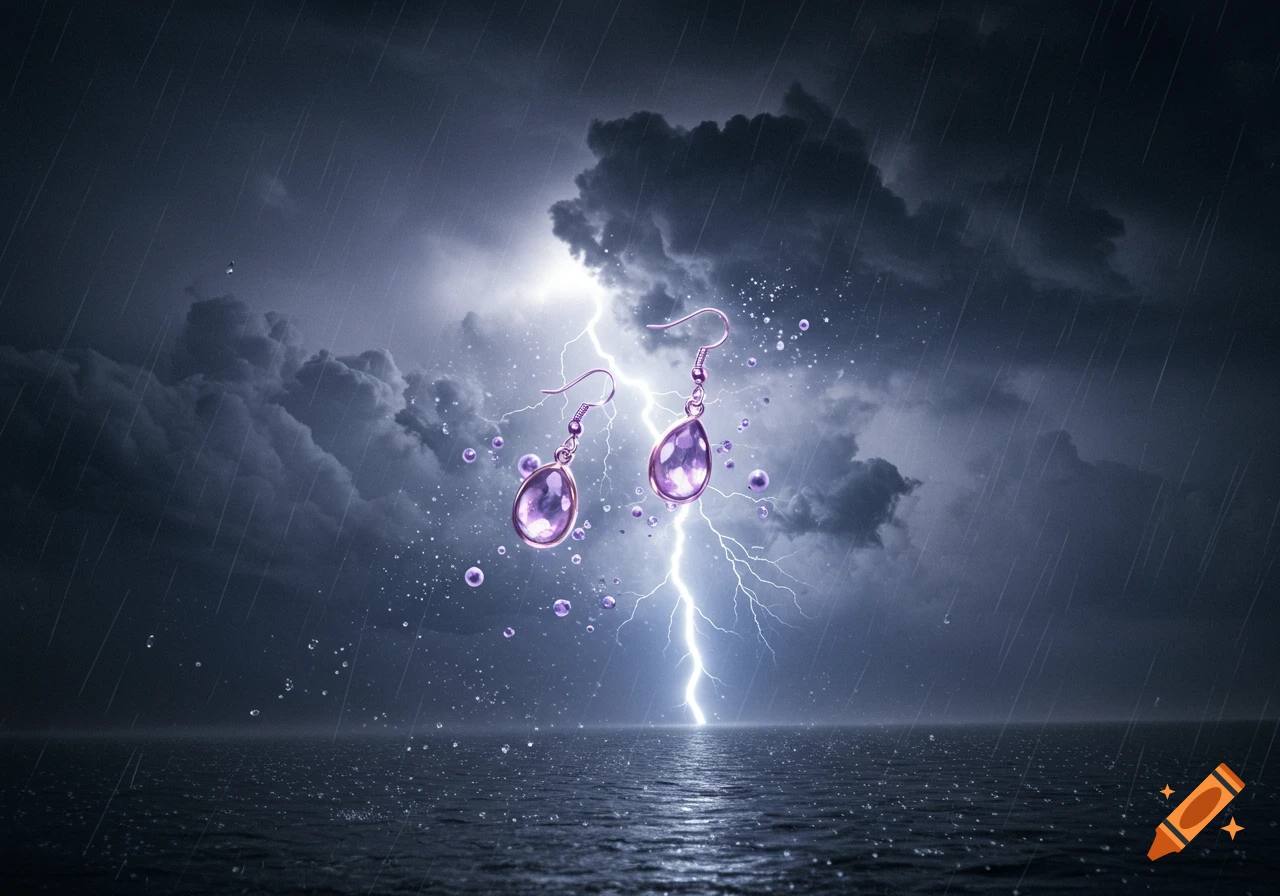 Two purple gemstone earrings float in a dramatic stormy sky with heavy rain and a large lightning bolt striking over a dark sea.