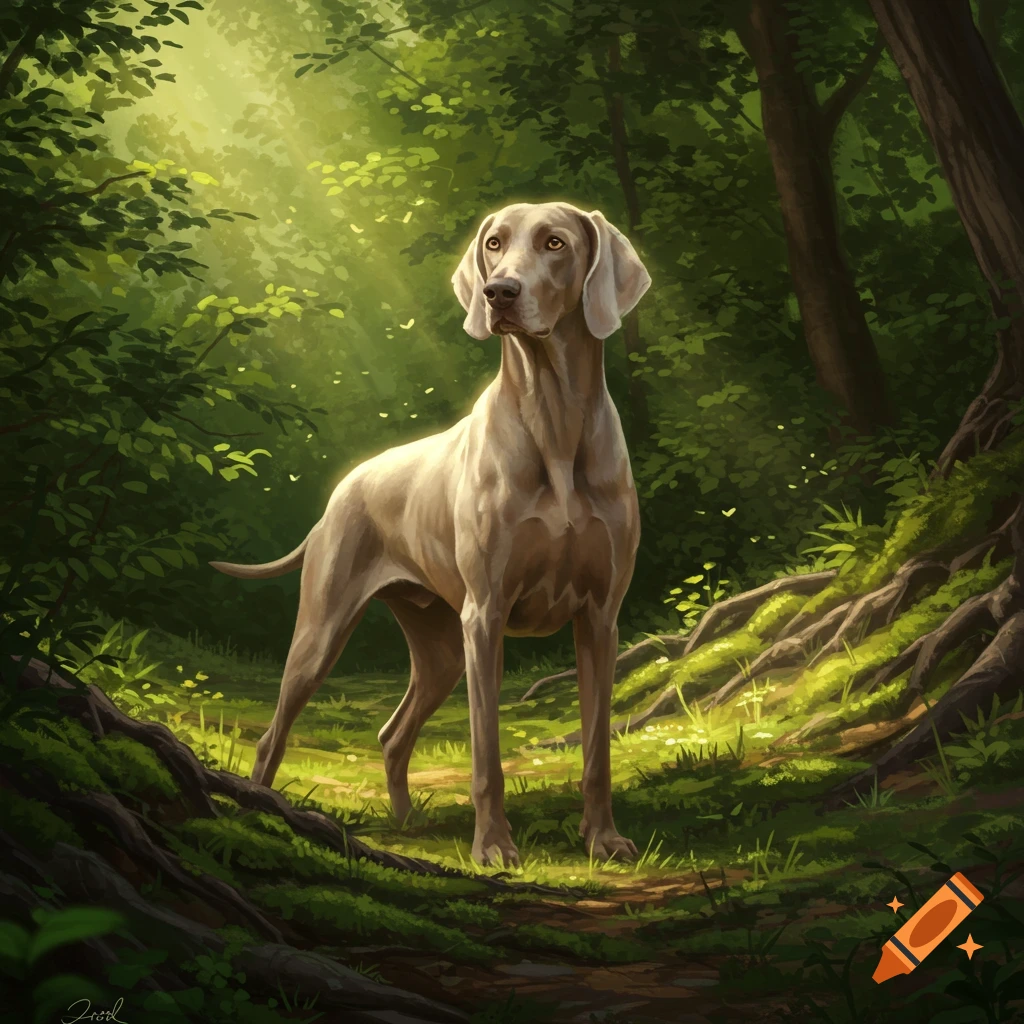 A majestic light brown Weimaraner dog stands alert in a sunlit green forest, depicted in a digital painting.