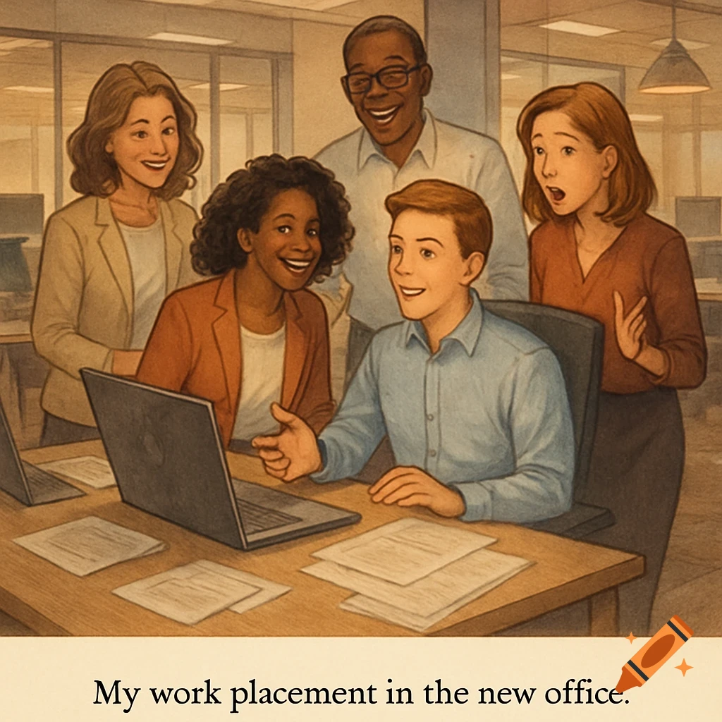 An educational-style illustration of five diverse people, some smiling, looking at a laptop in a modern, warm-lit office.