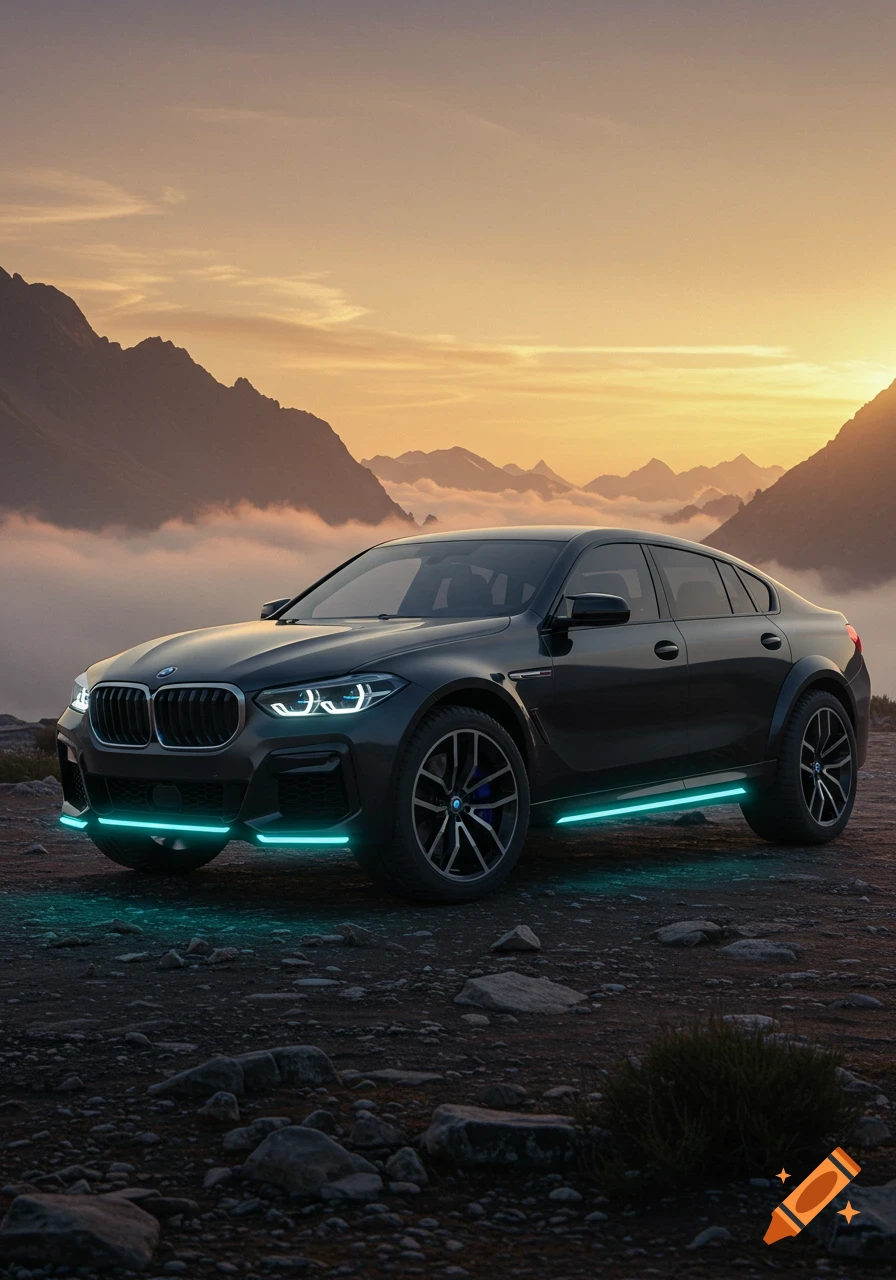 A dark BMW SUV with glowing cyan underbody lights parked on a rocky mountain peak at sunset, surrounded by clouds.
