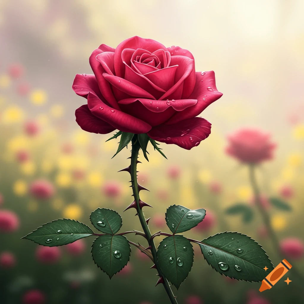 A close-up, photorealistic shot of a vibrant red rose with dew drops on its petals and leaves, against a blurred floral background.