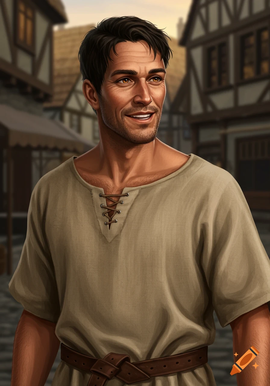 Smiling man with dark hair and amber eyes in a beige medieval tunic, against a blurred village background, digital painting.