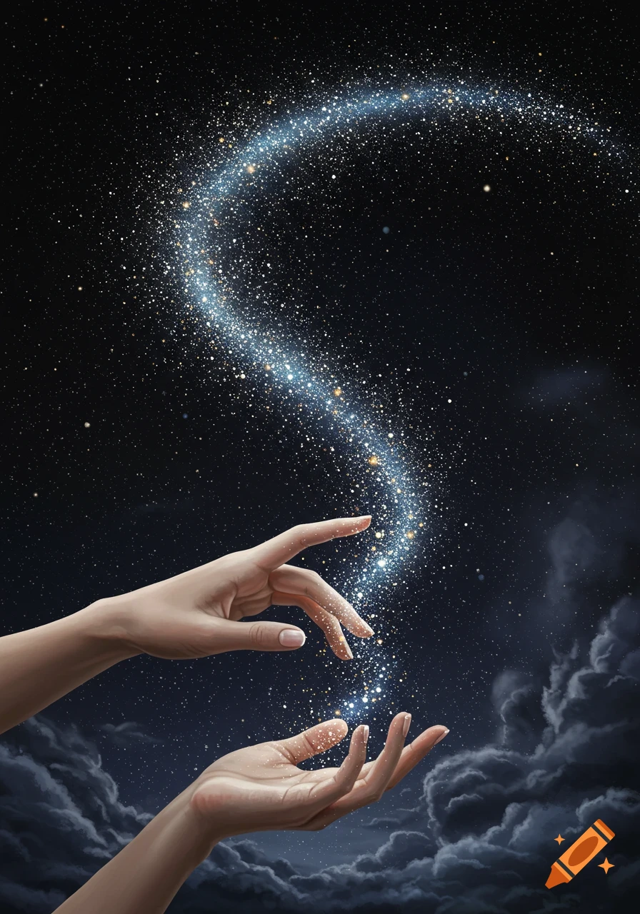 Two hands interacting with a shimmering stream of stardust against a dark, starry sky with clouds.