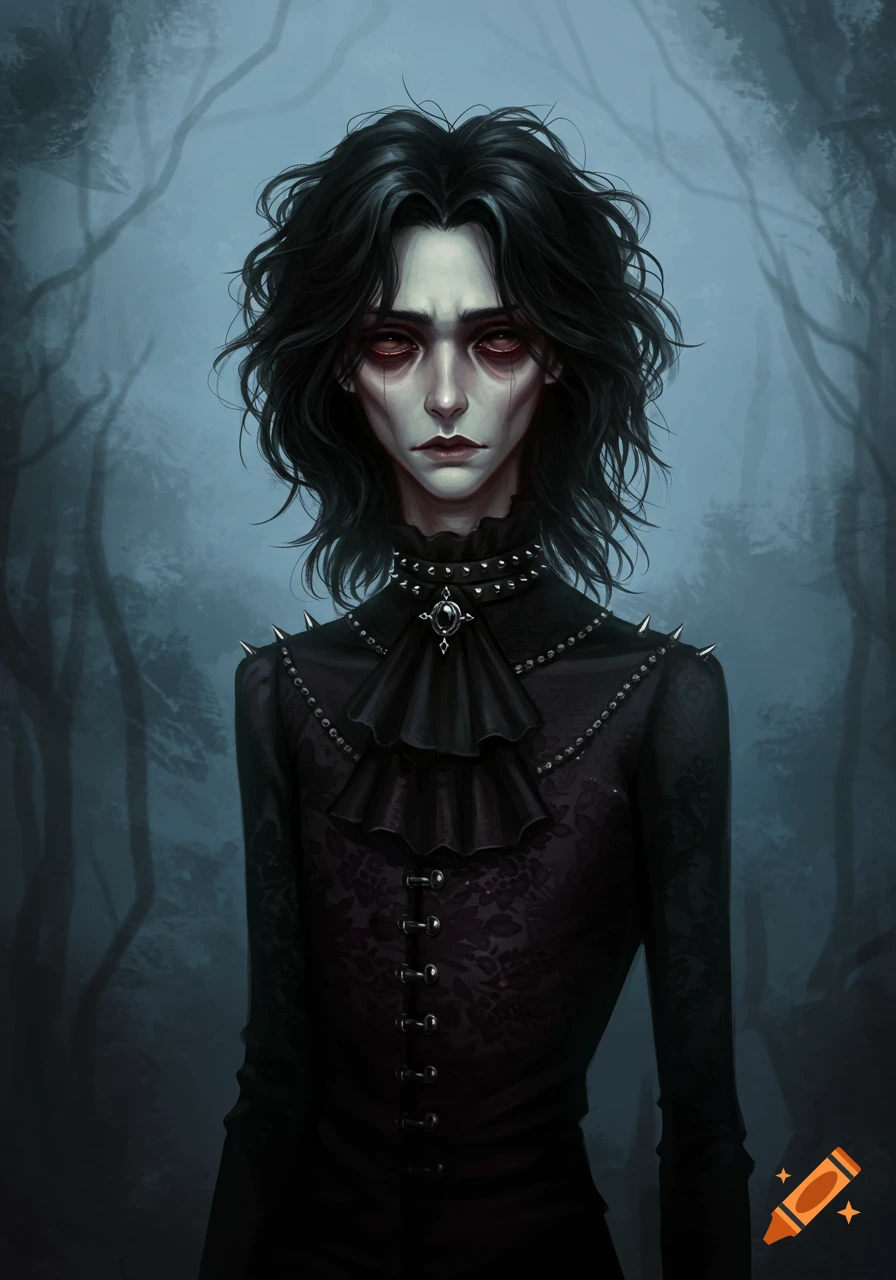 A pale, melancholic gothic figure with dark hair and red sunken eyes, wearing a black ruffled shirt, stands in a foggy dark forest. Digital art portrait.