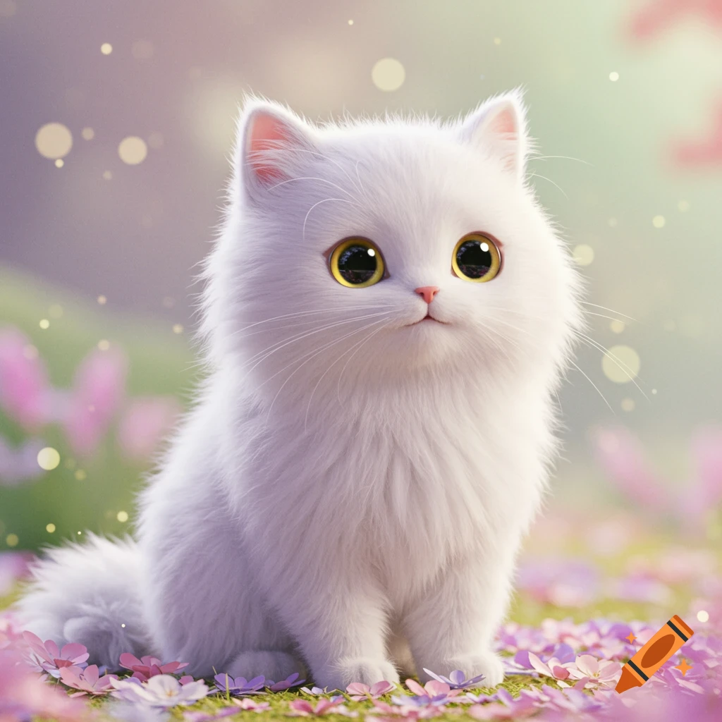 A fluffy white cartoon cat with big yellow eyes sits in a field of pink flowers with a soft, bokeh background.