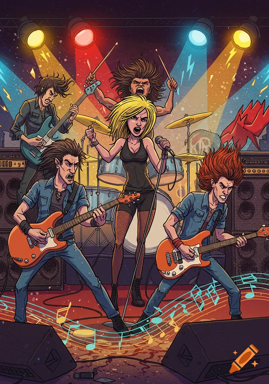 A comic art illustration of a rock band performing on stage, with a female singer, two guitarists, a bassist, and a drummer, under colorful spotlights.