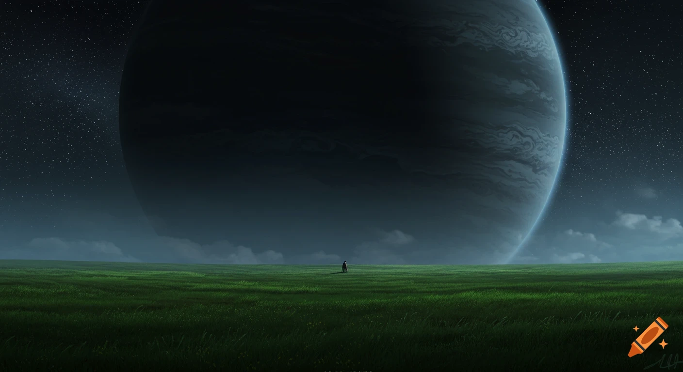A small figure stands in a vast green field under a starry night sky, with a huge, dark gas giant planet filling the horizon.