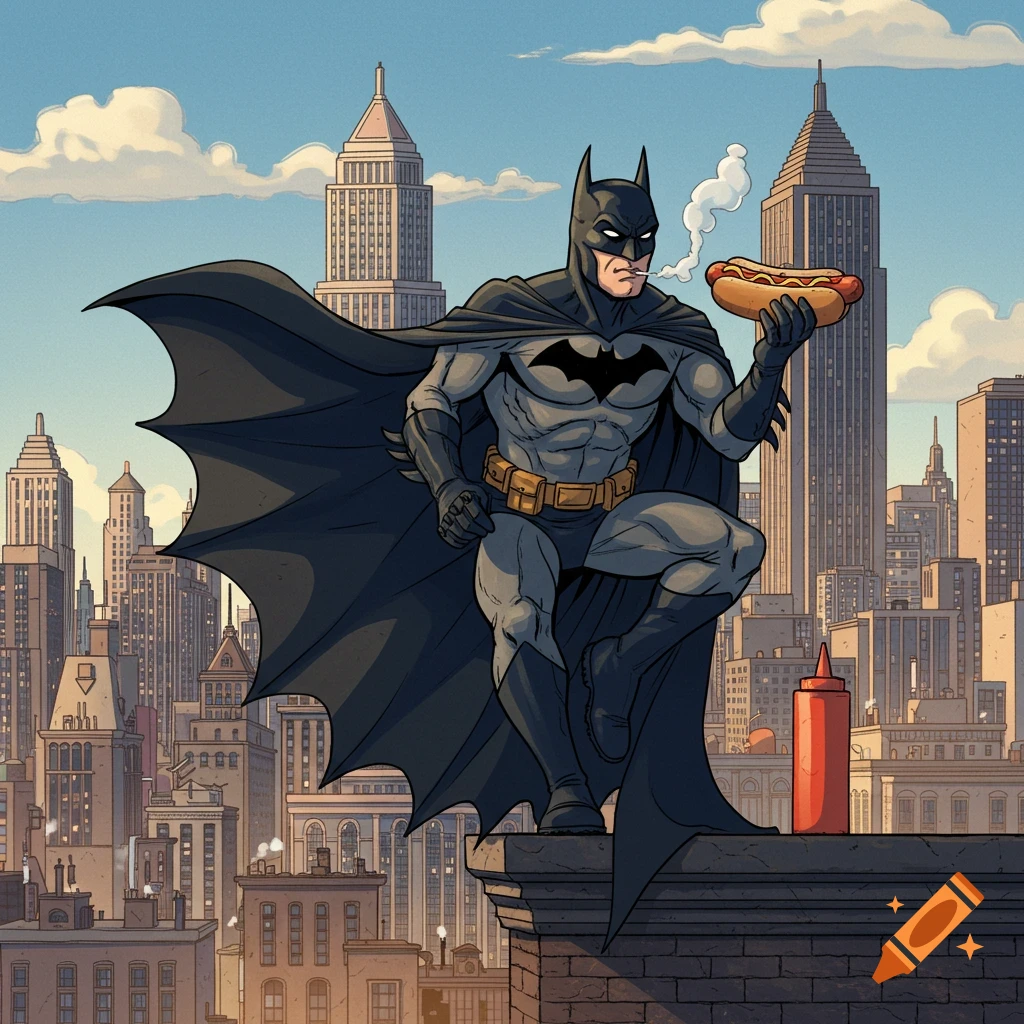 Batman in a comic art style sits on a rooftop overlooking a city, holding a hotdog and smoking.