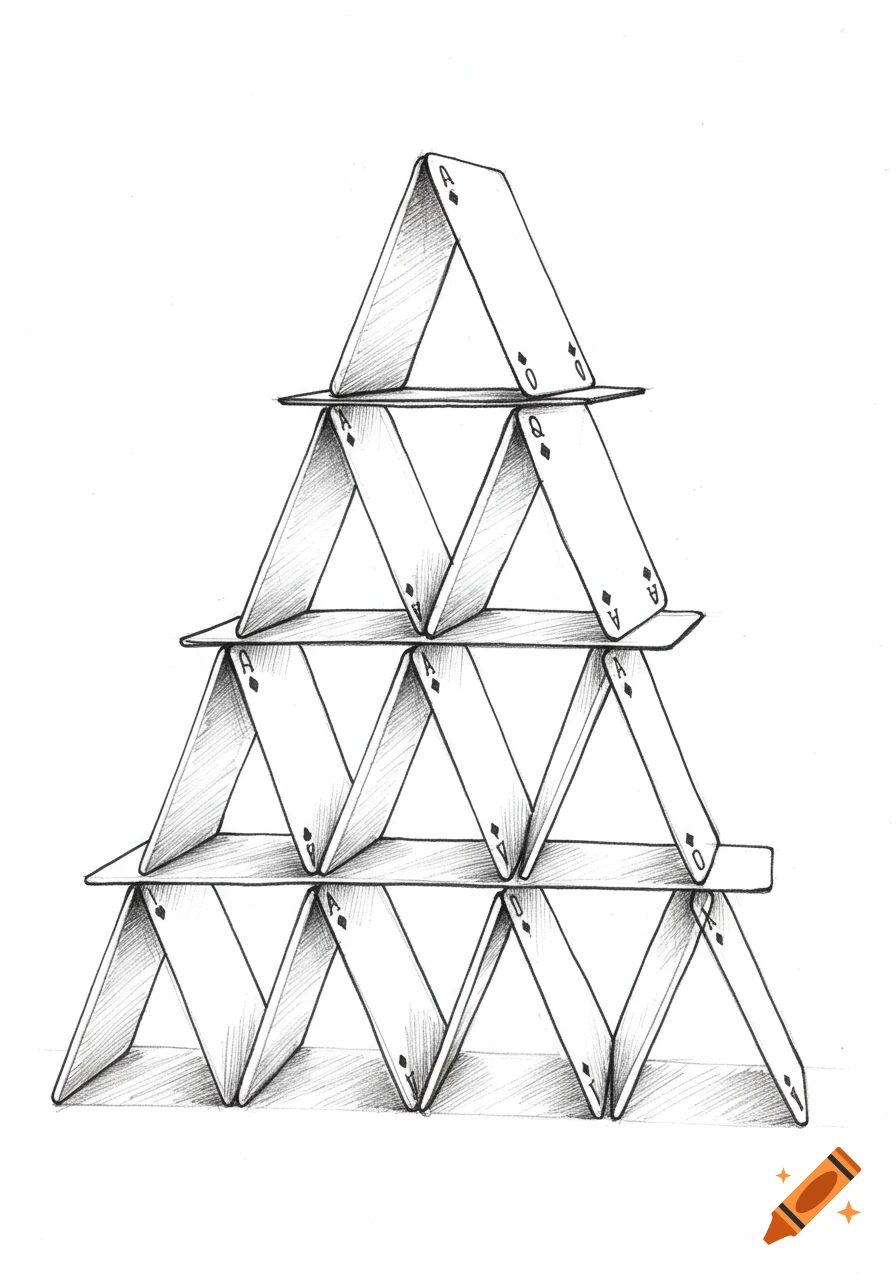 A pencil sketch of a house of cards, showing multiple rows of triangularly stacked playing cards with light shading.