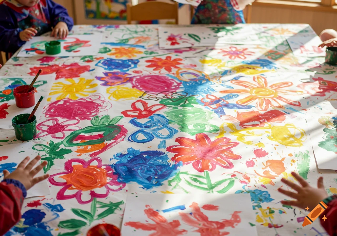 Children's hands near colorful, messy paint drawings of flowers and abstract shapes on papers covering a table, with paint pots visible.