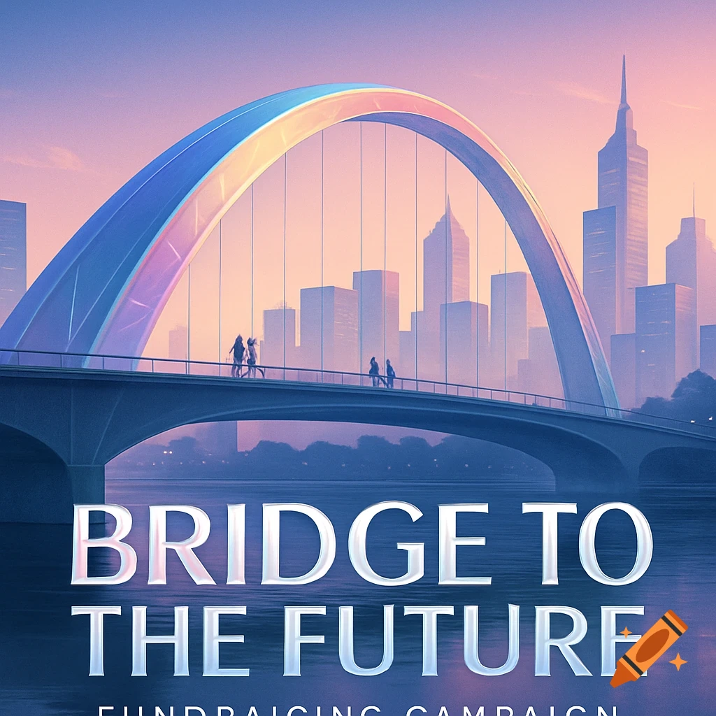 Stylized cityscape at sunset with a modern arch bridge featuring a colorful arch and people. Text: BRIDGE TO THE FUTURE FUNDRAISING CAMPAIGN.