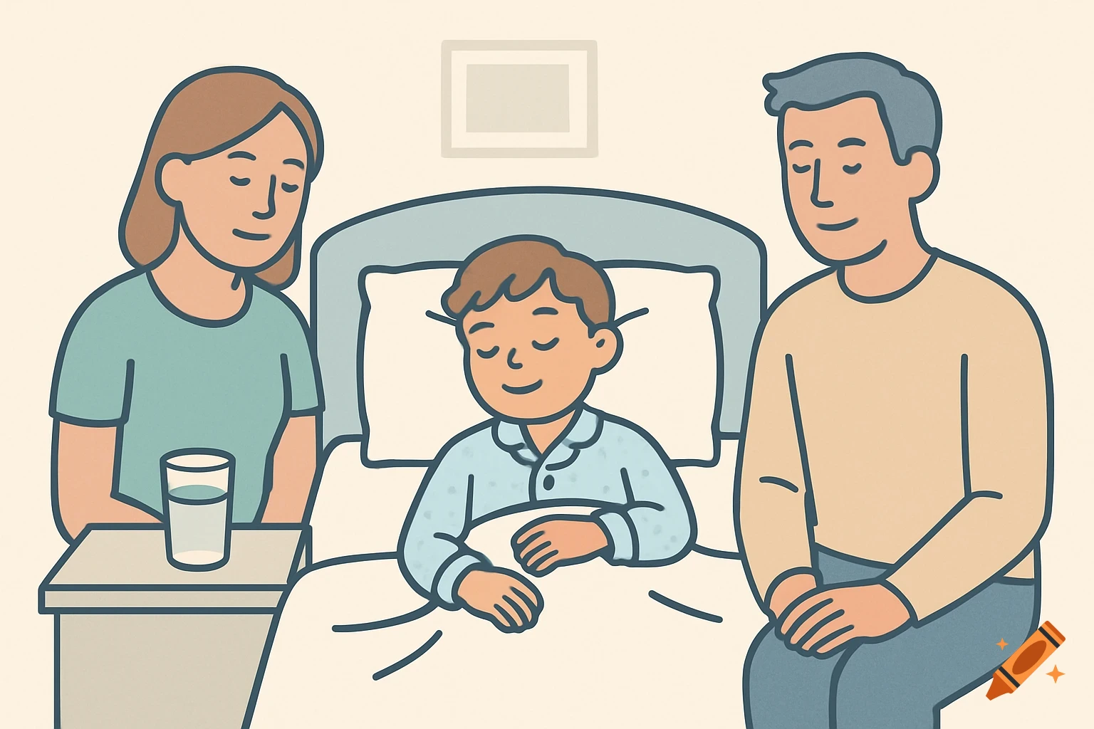 A flat-style illustration shows a child resting in bed, flanked by a caring mother and father.