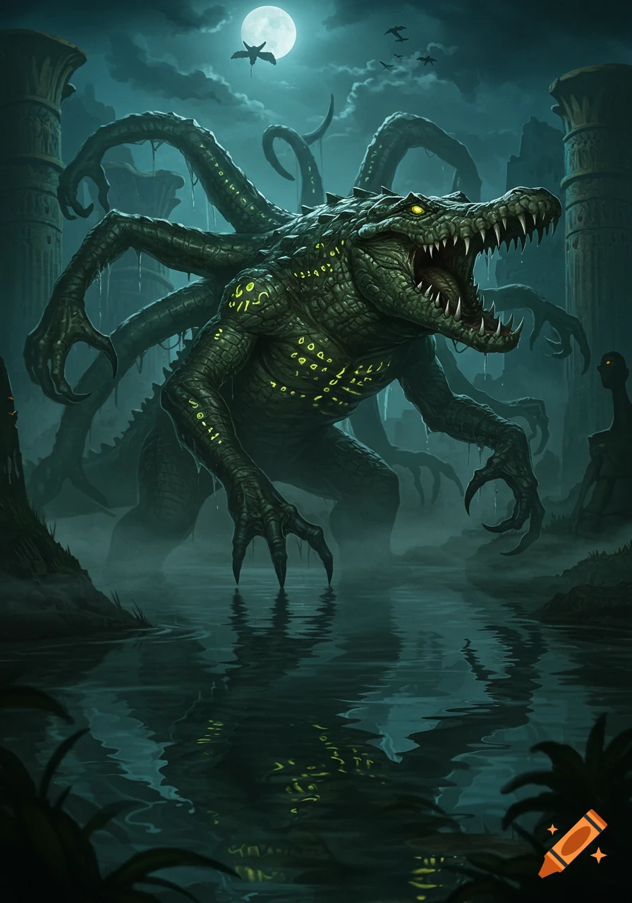 A terrifying, dark green crocodile monster with tentacled limbs, glowing eyes and symbols, in a foggy Egyptian river at night, digital art.